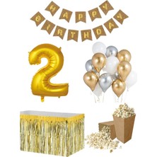 Parti Furyası 2 Yaş  Kraft Gold  Balon Rakam Folyo Banner Mısır Kutusu Masa Eteği Doğum Günü Parti Seti