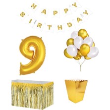 Parti Furyası 9 Yaş  Beyaz Gold Balon Rakam Folyo Banner Mısır Kutusu Masa Eteği Doğum Günü Parti Seti