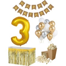 Parti Furyası 3 Yaş  Kraft Gold  Balon Rakam Folyo Banner Mısır Kutusu Masa Eteği Doğum Günü Parti Seti