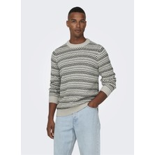 Only & Sons O Yaka Normal Çizgili Krem Erkek Kazak 22027268_ONSMUSA Reg 3 Struc Crew K