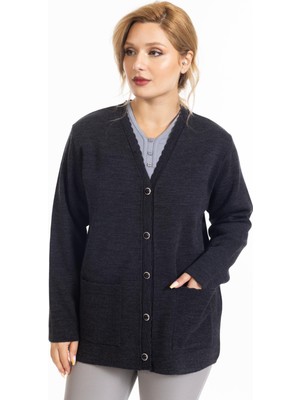 Mutlu City Yeni Sezon Çelik Örgü Sade Model V Yaka Düğmeli Anne Triko Hırka 7422