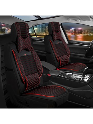 Asya Audi A1 Serisi Uyumlu Yarı Deri Oto Koltuk Kılıfı Ön/arka Tam Set (Aqua Seri) Siyah-Kırmızı
