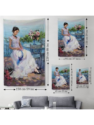 Terastaki Beyaz Elbiseli Güzel Kadın Duvar Örtüsü - HALISI-6273