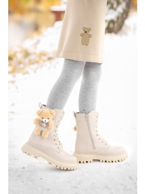 Kiko Kids 450 Ayıcıklı Fermuarlı Kız Çocuk Günlük Bot Ayakkabı Bej