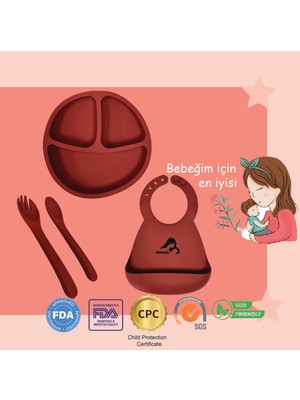 "Momia Bebek Silikon Beslenme Mama Seti - Sağlıklı ve Renkli!" set 6 - bebek mama tabağı , bebek mama önlüğü , bebek kaşık çatal