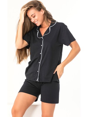 Sude Homewear Sudehomewear Siyah Renk Şortlu Gömlek Pijama Takımı