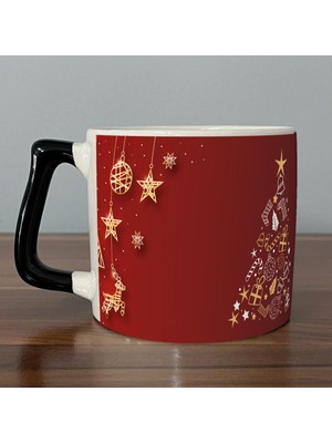 Mor Mürekkep Çam Ağacı Süsleri Baskılı Siyah Kulplu D Yılbaşı Kupası