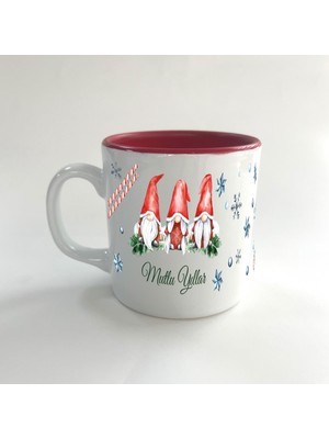 Mor Mürekkep Mutlu Yıllar 3 Noel Baba Baskılı Kırmızı Multi Yılbaşı Kupası