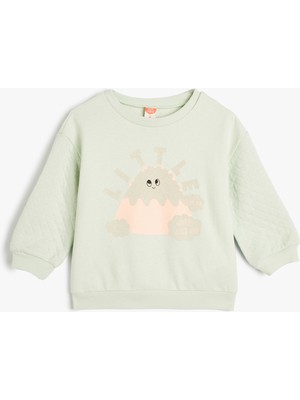 Koton Sweatshirt Baskılı Uzun Kollu Bisiklet Yaka Şardonlu Pamuklu