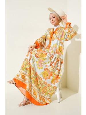 Bigdart 2423 Otantik Desenli Elbise - Y.turuncu
