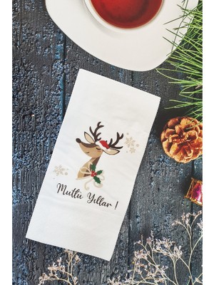 Mutlu Yıllar Yazılı Tatlı Geyik Yılbaşı Masası Sunum Peçetesi