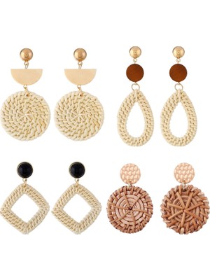 4 Çift Rattan Küpe Açı Vintage Dangle Küpe (Yurt Dışından)