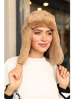 Remsa Mayo Çıtçıtlı Kürklü Kulaklıklı Peluş Bere Şapka Rkş-03 Camel