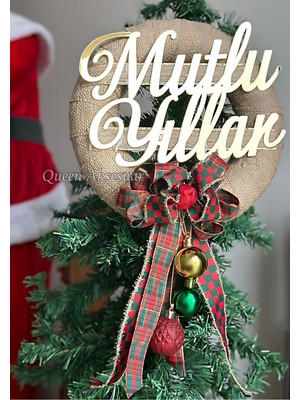 Queen Aksesuar Yılbaşı Özel Tasarım Lüks Gold Aynalı Mutlu Yıllar Fiyonklu Dekorasyon Çelenk Kapı Duvar Çelengi