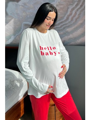 For You Mama Hello Baby Baskılı Hamile Uzun Kol Ekru Pijama Takımı