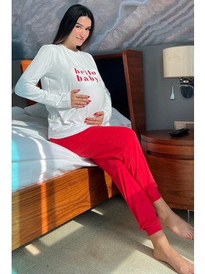 For You Mama Hello Baby Baskılı Hamile Uzun Kol Ekru Pijama Takımı