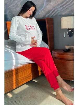 For You Mama Hello Baby Baskılı Hamile Uzun Kol Ekru Pijama Takımı