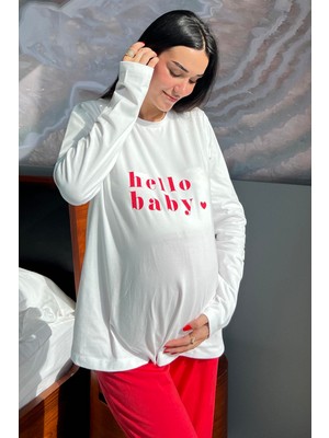 For You Mama Hello Baby Baskılı Hamile Uzun Kol Ekru Pijama Takımı