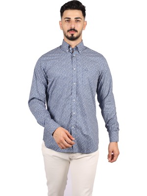 Paul & Shark Erkek Regular Fit Desenli Uzun Kol Lacivert-Beyaz Gömlek 21413444-001
