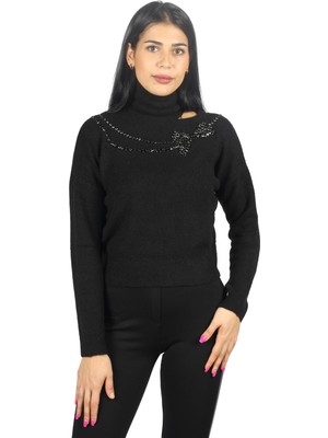 Liu Jo Kadın Uzun Kollu Desenli Balıkçı Yaka Rahat Siyah Kazak MF3093MA050-22222