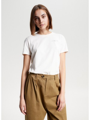 Tommy Hilfiger Kadın Pamuklu Yuvarlak Yaka Marka Logolu Beyaz Bluz WW0WW37877-YBL