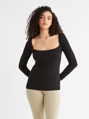Calvin Klein Kadın Pamuklu Kare Yaka Basic Siyah Sweatshirt K20K205096-BEH