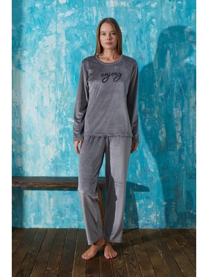 Pemilo Kadın 13166-2 Önü Yazılı Kadife Pijama Takımı