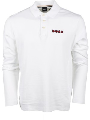 Boss Erkek Polo Yaka Uzun Kollu Pamuklu Rahat Kesim Beyaz Polo Yaka T-Shirt 50504426-100