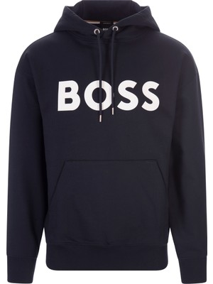 Boss Erkek Marka Logo Detaylı Kapşonlu Ipli Lacivert Sweatshirt 50496661-404