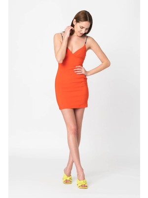 Versace Kadın Ince Askılı Pamuklu Turuncu Elbise 72HAO942 N0103-531