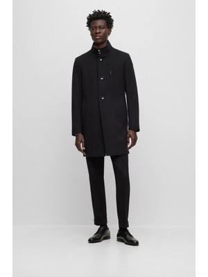 Boss Erkek Pamuklu Geniş Kesim Uzun Düğmeli Siyah Kaban 50502300-001 Düz Desenli Günlük Kullanım İçin