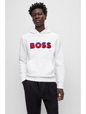 Boss Erkek Logolu Kapüşonlu Uzun Kollu Günlük Kullanım Beyaz Sweatshirt 50499560-100