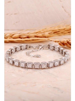 Sümer Telkari Kare Kesim Pırlanta Montürlü Rodyumlu Gümüş Bileklik 4475