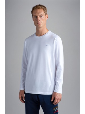 Paul & Shark  Erkek %100 Pamuklu Basic Uzun Kollu Sıfır Yaka Marka Logolu Beyaz T-Shirt C0P1093-010