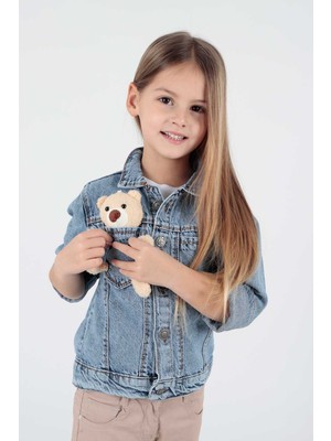 Ahenk Kids Kız Çocuk Ayıcıklı Pamuklu Jean Ceket Günlük Modaya Uygun AK22176023