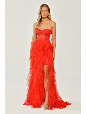 ALFABETA Kadın Straplez Yırtmaçlı Desenli Tül Uzun Turuncu Abiye & Mezuniyet Elbisesi AB5576-TRN