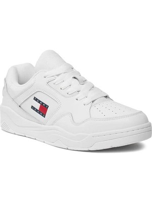 Tommy Hilfiger Erkek Marka Logolu Bağcıklı Kaydırmaz Tabanlı Günlük Beyaz Sneaker EM0EM01350-YBR