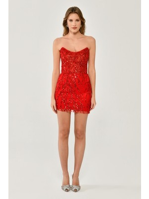 ALFABETA Kadın Ip Askılı Dekolteli Pullu Saçaklı Önden Yırtmaçlı Şifon Uzun Kırmızı Abiye & Mezuniyet Elbisesi AB6253-KIRMIZI