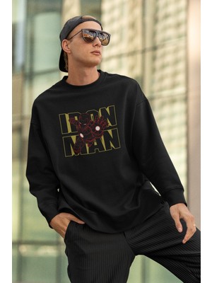 Fuddy Moda Ironman Baskılı Kapüşonsuz Sweatshirt, Unisex Oversize Ironman Yazılı Sweatshirt