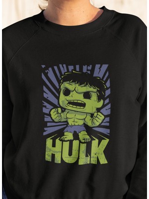 Fuddy Moda Minyatür Hulk Baskılı Kapüşonsuz Sweatshirt, Unisex Oversize Marvel Hulk Baskılı Sweatshirt