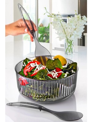 Viatom Akrilik Avantajlı Büyük Boy Salata Kase Seti 22.5 cm - Servis Çatalı & Kaşığı Antrasit