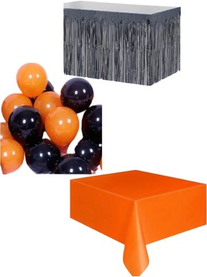 Parti Furyası Turuncu Masa Örtüsü Siyah Masa Eteği  20 Adet Siyah Turuncu Balon Set