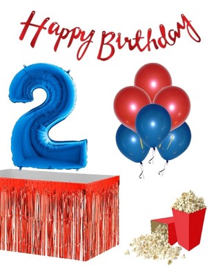 Parti Furyası 2 Yaş Kırmızı-Mavi Balon Rakam Folyo Banner Mısır Kutusu Masa Eteği Doğum Günüparti Seti