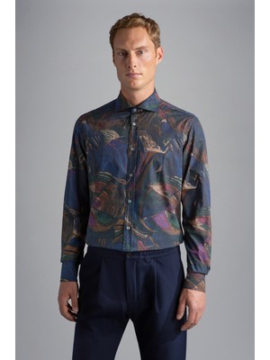 Paul & Shark  Erkek Marka Logolu Düğmeli Gömlek Yaka Uzun Kollu Mavi-Bej Gömlek 13313142J-100