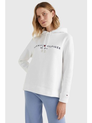 Tommy Hilfiger Kadın Logolu Kapüşonlu Uzun Kollu Günlük Kullanım Beyaz Sweatshirt WW0WW31998-YBR