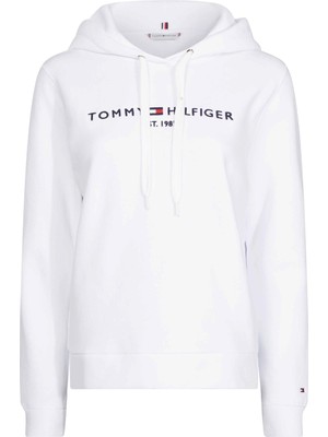 Tommy Hilfiger Kadın Logolu Kapüşonlu Uzun Kollu Günlük Kullanım Beyaz Sweatshirt WW0WW31998-YBR