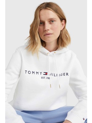 Tommy Hilfiger Kadın Logolu Kapüşonlu Uzun Kollu Günlük Kullanım Beyaz Sweatshirt WW0WW31998-YBR