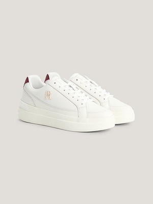 Tommy Hilfiger Deri Kadın Marka Logolu Düz Taban Kaydırmaz Günlük Kullanım Beyaz Sneaker FW0FW07568-YBH