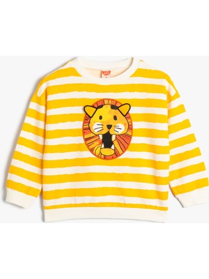 Koton Çizgili Sweatshirt Aslan Grafik Baskılı Uzun Kollu Bisiklet Yaka