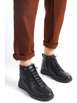 ARTI ARTI AYAKKABI Hakiki Deri Kadın Ortopedik Topuk Dikeni Fonksiyonlu Fermuarlı Siyah Anne Botu